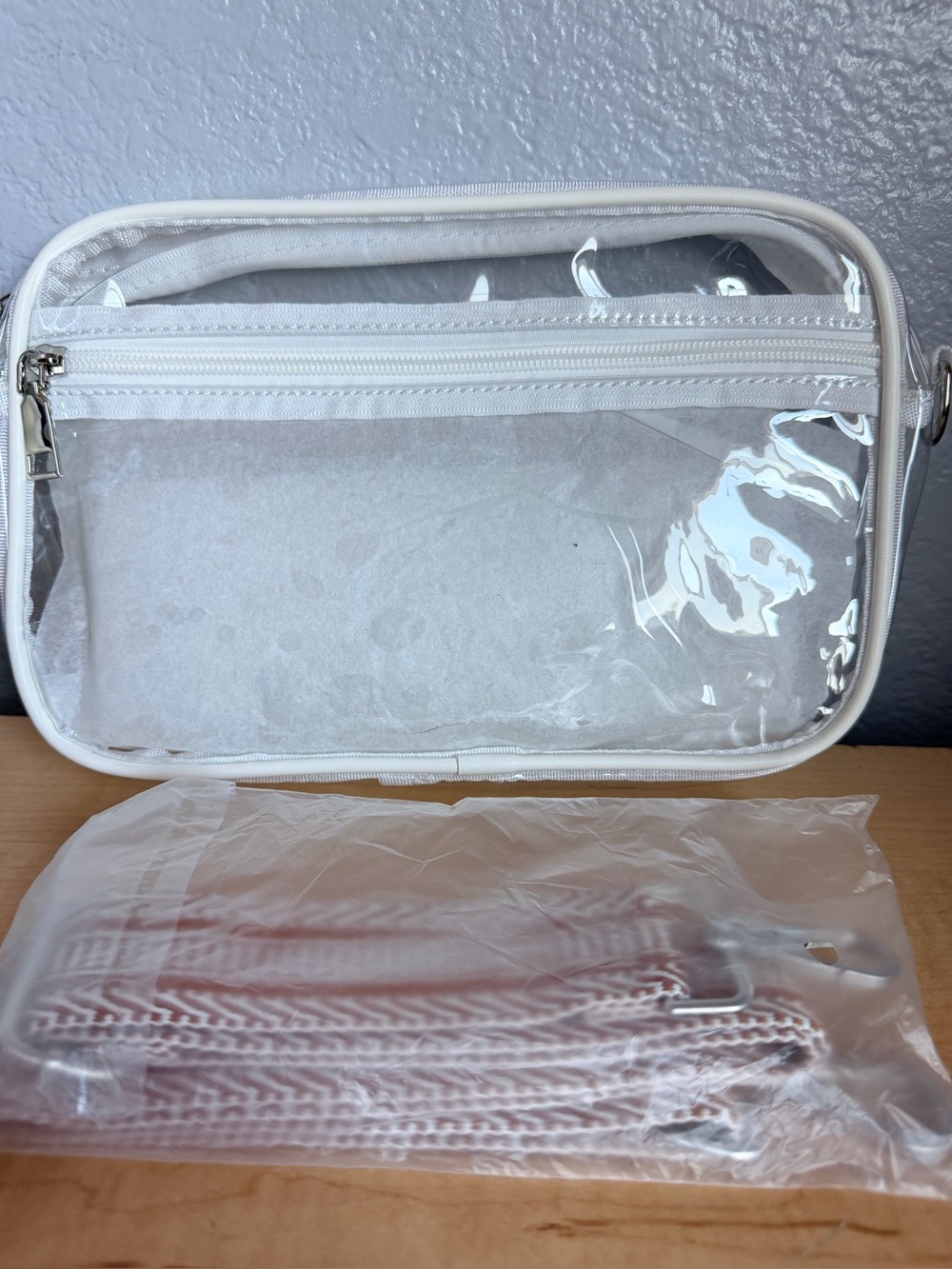 Clear Stadium Bag with white trim and brown adjustable removable straps